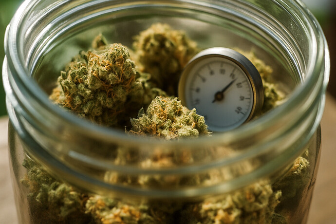 Cannabisblüten in einem Glas zum Curen, mit Hygrometer.