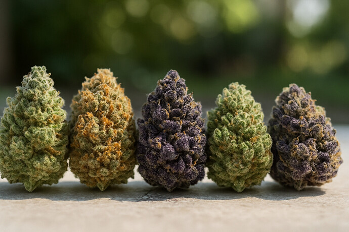 Verschiedene Cannabisblüten mit unterschiedlichen Farben und Aromen nebeneinander.